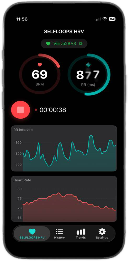 SELFLOOPS HRV app screenshot showing heart rate variability analysis